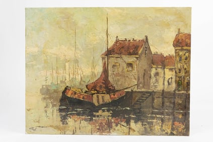 OIL ON BOARD PAINTING OF A CITY PORT BY CHW