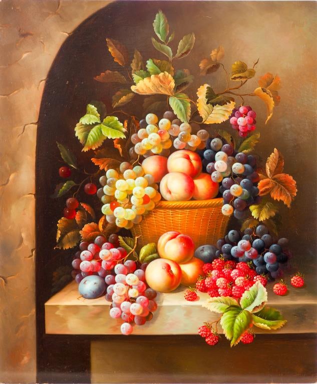 OIL PAINTING ON CANVAS OF FRUIT STILL LIFE: A scene of fruits still life painting, with different colorful fruits on a big basket. H: 24 in. L: 20 in.