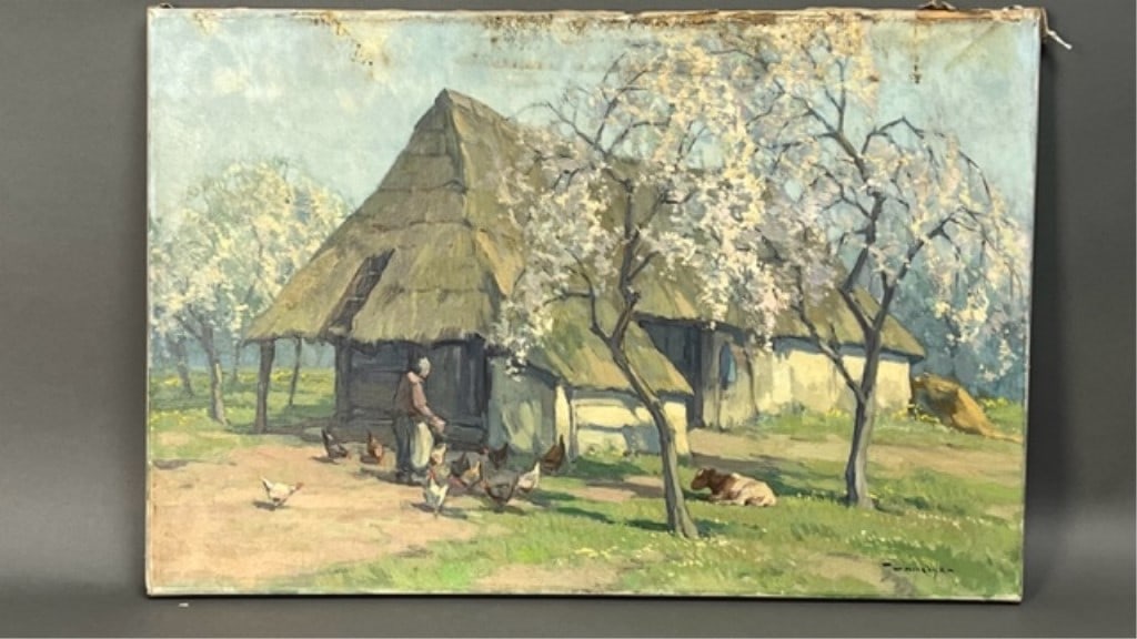 OIL ON CANVAS PAINTING OF A LADY FEEDING CHICKEN: Signature on bottom right. H: 16 in. L: 23 3/4 in.