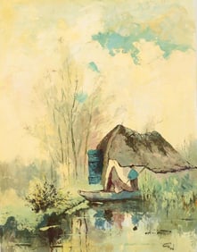 CANADIAN PAINTING OF A CAMPING MAN IN FOREST BY CW