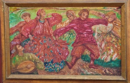 RUSSIAN WATERCOLOR PAINTING ON BOARD OF DANCERS