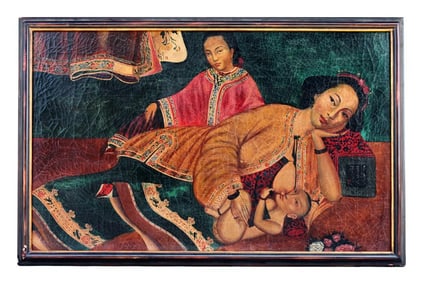 ANTIQUE CHINESE OIL PAINTING OF A MOTHER AND CHILD