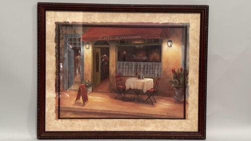 FRAMED PAINTING OF A RESTAURANT FRONT