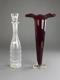 RED GLASS FOLIATE VASE AND GLASS DECANTER
