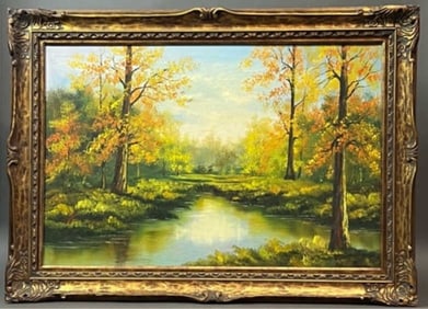 FRAMED OIL PAINTING, OF A BROOK IN THE WOODS