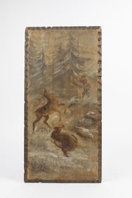 CARVED AND PAINTED WOOD PANEL OF A HUNTING SCENE