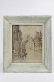 FRAMED WATERCOLOR PAINTING OF A CANAL CITY