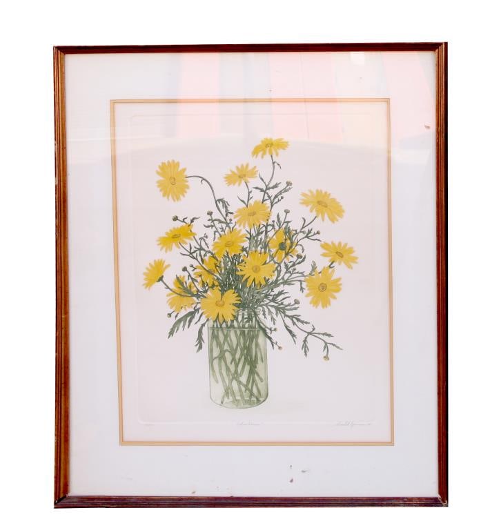 FRAMED PAINTING OF DAISY: Framed. Depicts a small bouquet of yellow daisies in a glass jar. Unsigned. H: 24 1/4 in. L: 19 1/4 in.