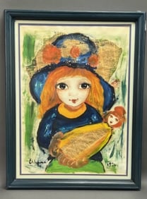 OIL PAINTING ON PAPER OF A GIRL HOLDING A DOLL