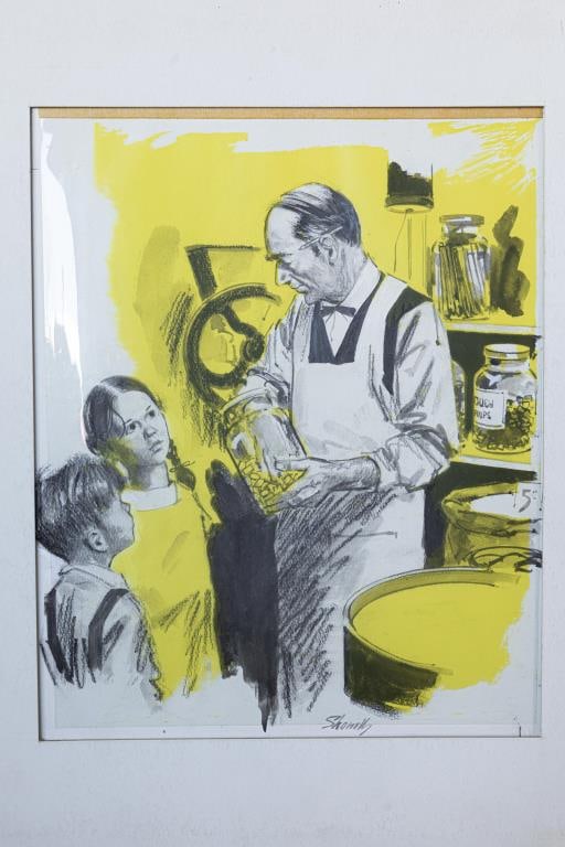 WILLIAM SHOWELL, CANADIAN (1903 - 1984): Painting on paper of a candy shop owner giving out candies to two kids. Signed on bottom to read Showell. William Showell (1903 - 1984) was a Canadian painter, known for landscape, portrait and nude p