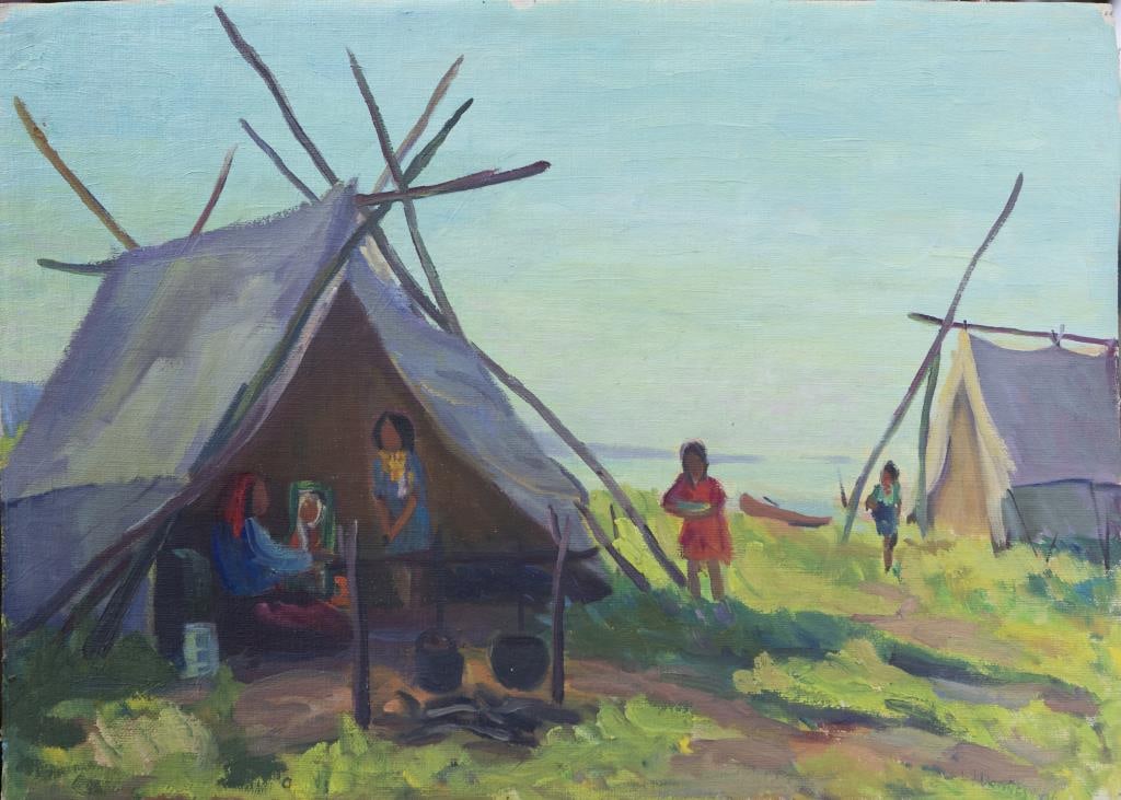 LIONEL FIELDING DOWNES, CANADIAN (1900 - 1972): An oil painting that depicts of indigenous people. Signed on bottom right to read L.F. Downes, dated 54. Lionel Fielding Downes was a Canadian artist, known for paintings. The record sold price for th