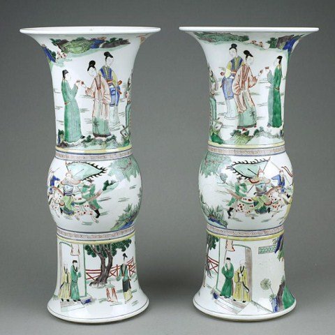 ANTIQUE PAIR OF CHINESE FAMILLE VERTE YANYAN VASES