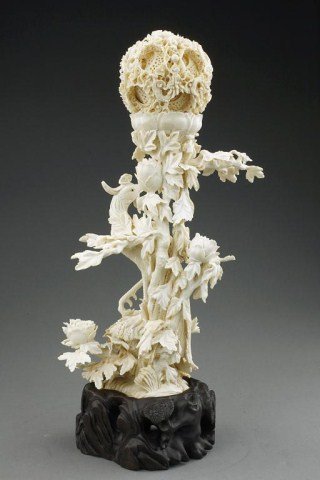FINE CHINESE CARVED IVORY PUZZLE BALL WITH PHOENIX - 2