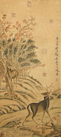 CHINESE SCROLL PAINTING OF TWO DEER: SIGNATURE TO READ WANG JIANZHANG(LATE MING AND EARLY QING DYNASTY).H: 35 5/8 in. x W: 16 3/8 in.