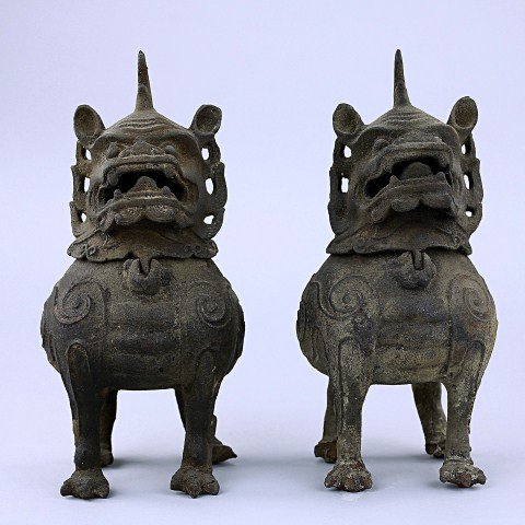 Antique Pair Of Chinese Incense Burners: In the shape of foo dogs. H: 8 7/8 in.(22.5cm)