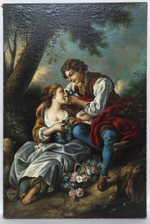 OIL ON CANVAS PAINTING OF LOVERS BY M. SOVINO: Both of them are sitting down in a forest setting, with a bird and a flower basket. Signed on bottom to read M. Sovino. H: 36 in L: 24 in.