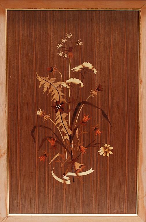 VIETNAMESE FRAMED WOOD INLAY PICTURE: Design with a bouquet of flowers with a ribbon on the bottom. H: 27 1/4 in. x W: 17 in.