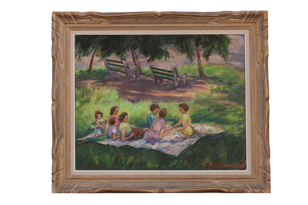 FRAMED PAINTING OF A PICNIC SCENE (1 of 3)