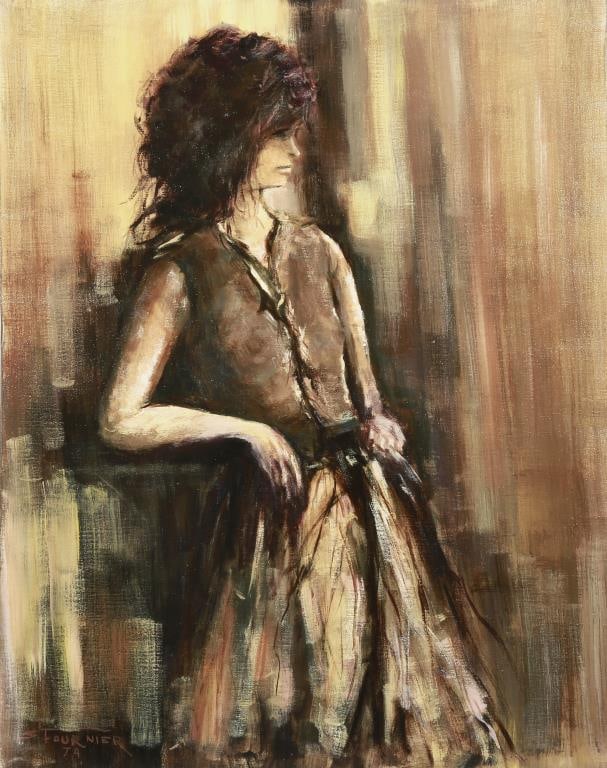 OIL ON CANVAS PAINTING OF A LADY BY S. FOURNIER: An oil on canvas painting that depicts a lady leaning against a wall. Signature on bottom left to read S. Fournier 74. H: 30 in. L: 24 in.