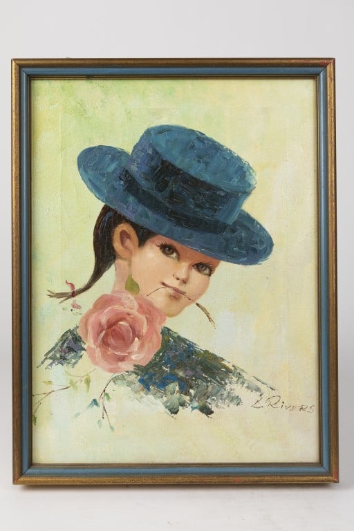 OIL ON CANVAS PAINTING OF A GIRL: Framed. Depicts a girl wearing a blue wide-brimmed hat, holding a pink rose in her mouth. Signed on lower right to read L. Rivers.