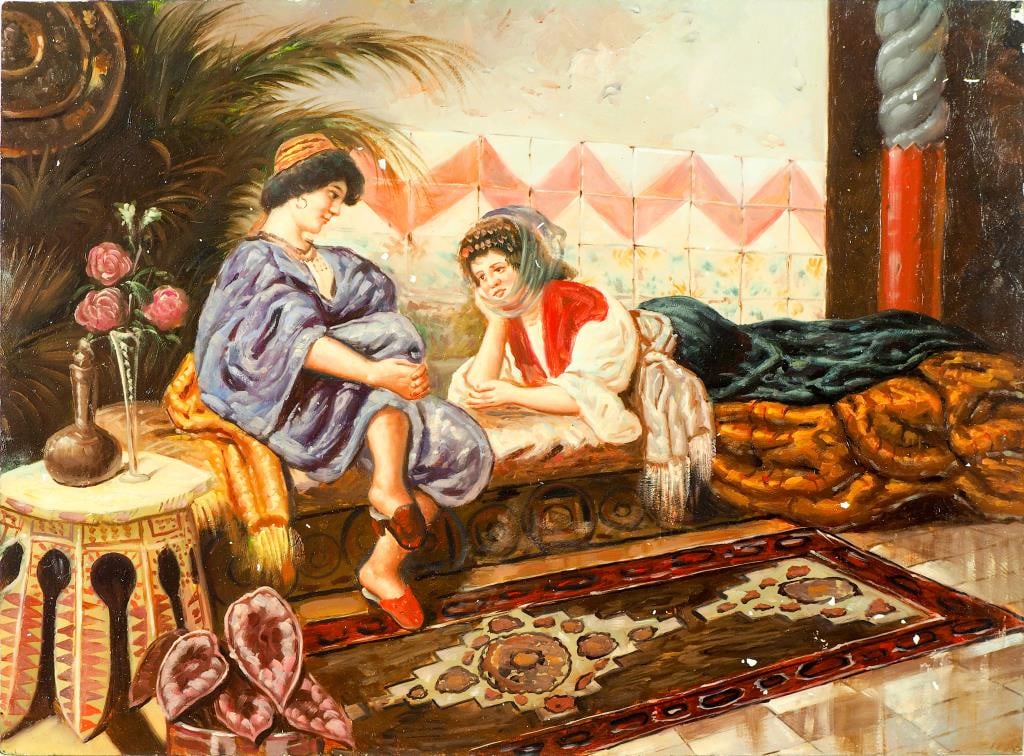 OIL PAINTING ON CANVAS OF LADIES IN HERAM: Two ladies are happily chatting in the bedroom. One girl is sitting on the edge of the bed, the other one is lying on the bed. H: 12 in. L: 16 in.