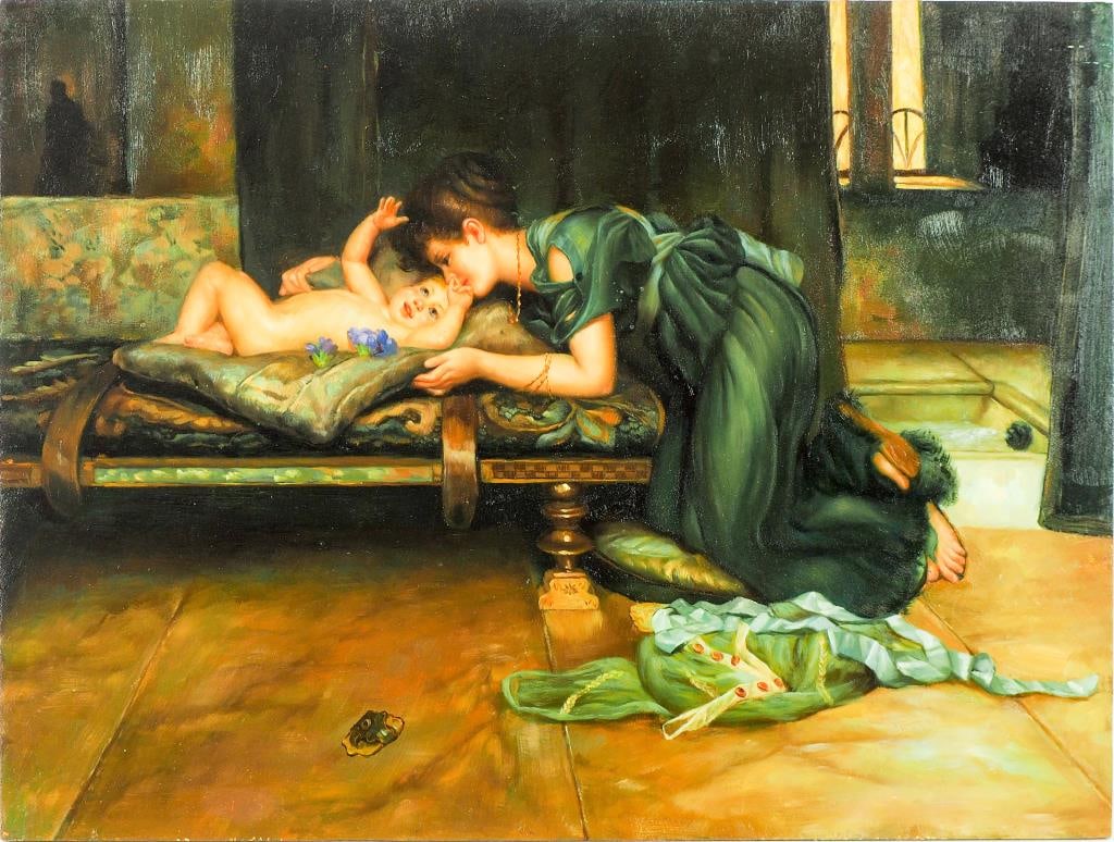OIL PAINTING ON CANVAS OF MOTHER AND BABY: A woman in a green dress and jewelry, playing with a naked baby. H: 12 in. L: 16 in.