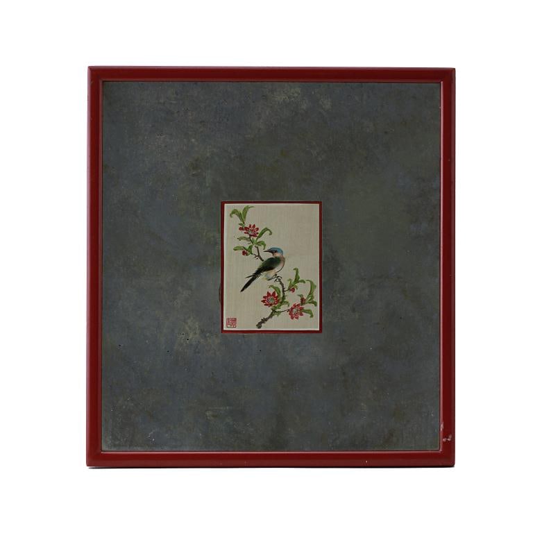 FRAMED PAINTING OF A BIRD: Of a small bird perched on a flower branch. With a mirrored frame. L: 4 1/4 in. x W: 3 1/4 in.