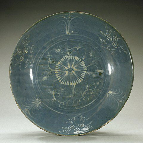 ANTIQUE CHINESE LIGHT BLUE GLAZED BOWL: from the British School of Archaeology in Egypt. Diameter: 12 3/8 in.