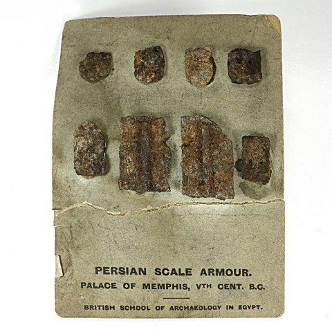 PERSIAN SCALE ARMOR FRAGMENTS: from the British School of Archaeology in Egypt. L: 3 1/2 in. x H: 4 1/2 in.