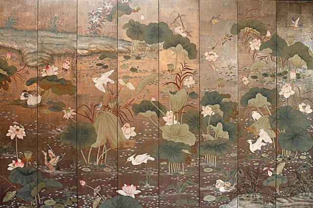 MAGNIFICENT CHINESE SIX PANEL FLOOR SCREEN: L: 141 in. x H: 96 in.