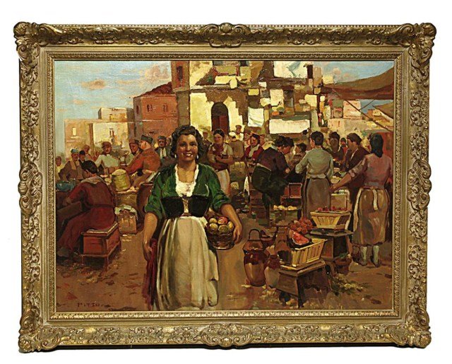 ITALIAN OIL PAINTING ON CANVAS OF A RURAL TOWN: Giuseppe Pitto (Italian, 1857-1928), Market Scene. Signature to read on lower left, "Pitto" H: 23 5/8 in. x W: 31 5/8 in.