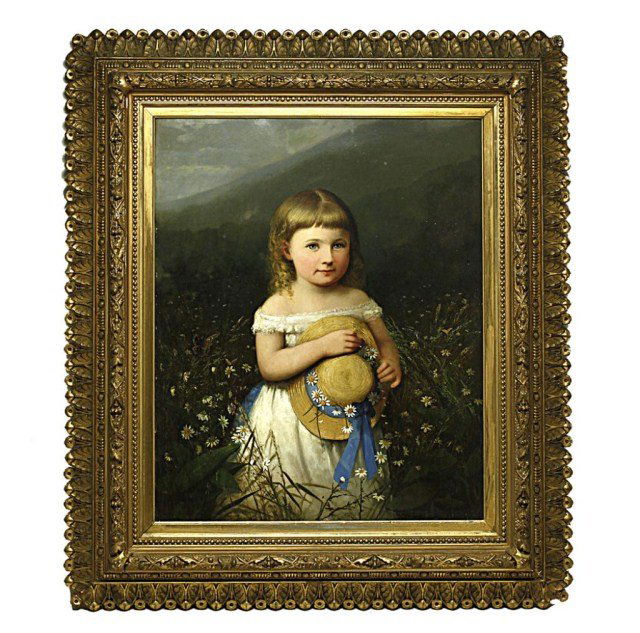 OIL ON CANVAS OF DAISY SMITH GRUBB MORRIS: Frederick A Sprang portrait (Pennsylvania/California, 1834-1891),portrait of Daisy Smith Grubb Morris as a young child, in mountain landscape surrounded by daisies, signature to read on lower left F.