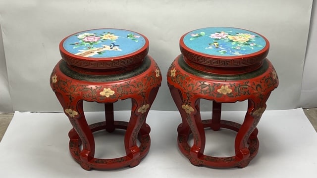 PAIR OF CHINESE LACQUERED CHAIRS, CLOISONNE SEATS: Size: H: 19 in.