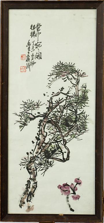 FRAMED CHINESE PAINTING OF A PINE TREE: Signature to read Wu Changshuo.