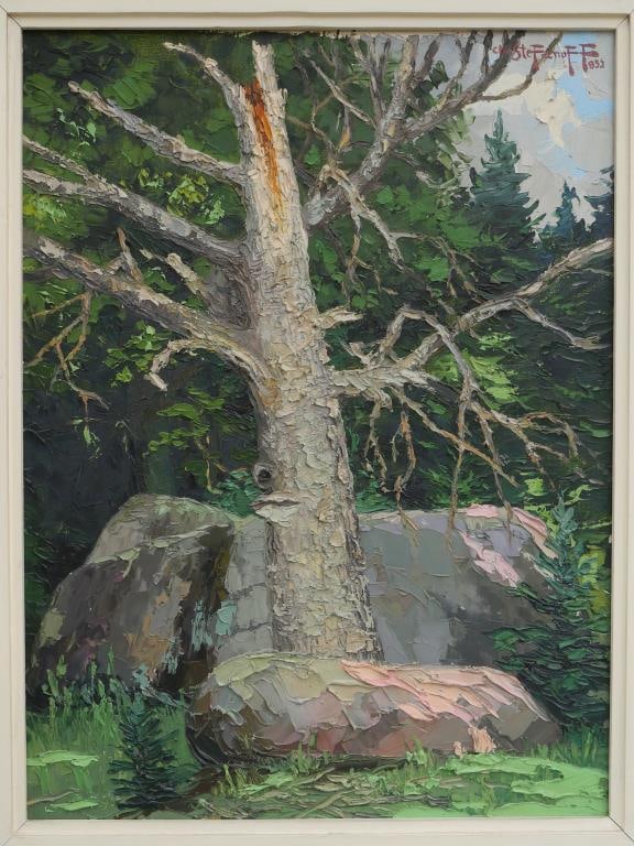 OIL PAINTING BY CHRISTOPHER STEFANOFF: Framed, an oil painting that depicts a bare tree amongst forest. Signed on the upper right side to read Chr Stefanoff, dated 1952. H: 18 1/4 in. L: 24 1/4 in.