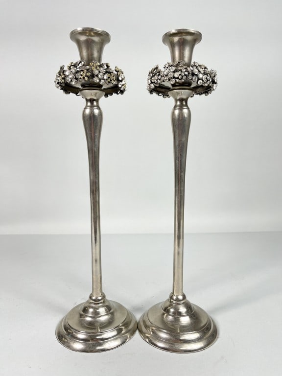 PAIR OF DECORATIVE CANDLELABRA: With a long stem and adorned with stones on top. H: 14 in.