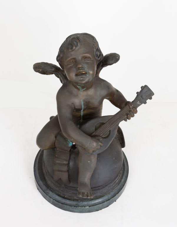 BRONZE FIGURE OF CHERUB PLAYING A LYRE: H: 14 in.