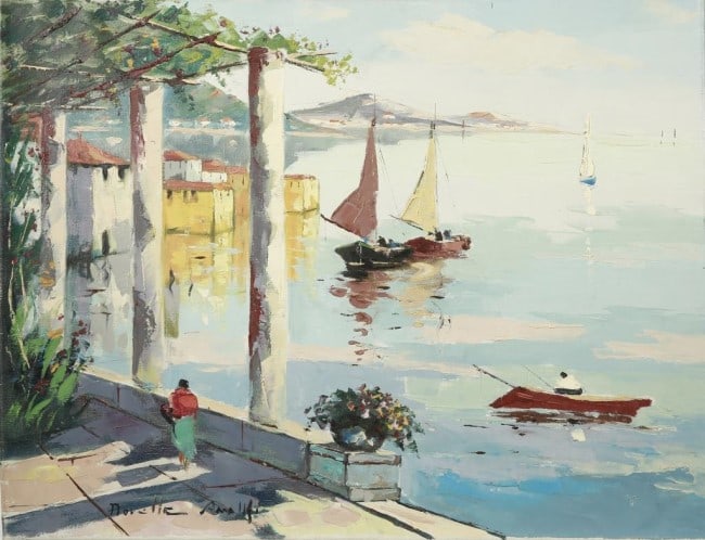 MODERN OIL ON CANVAS LANDSCAPE PAINTING: Depicts a coastal boardwalk overlooking boats on the sea. Signature on bottom left to read Norelle Amallfi. H: 23 3/4 in L: 30 1/2 in.