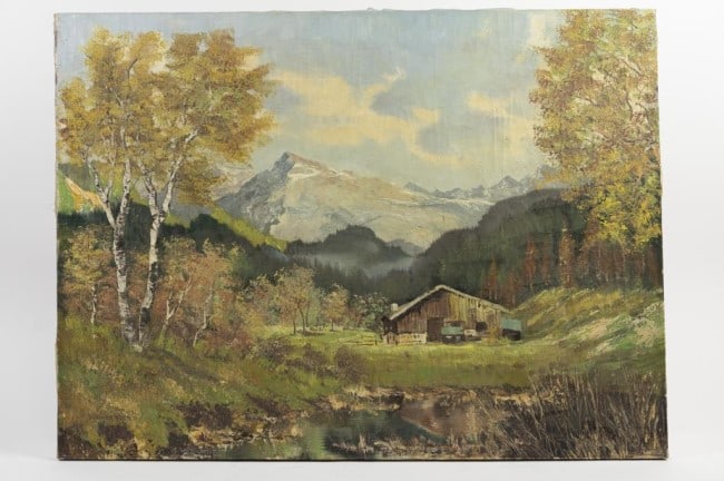 OIL LANDSCAPE PAINTING BY DURNBERGER: A beautiful oil on canvas painting of a wooden shed amongst a countryside. Signed on bottom left to read Durnberger. L: 31 in. H: 23 in.