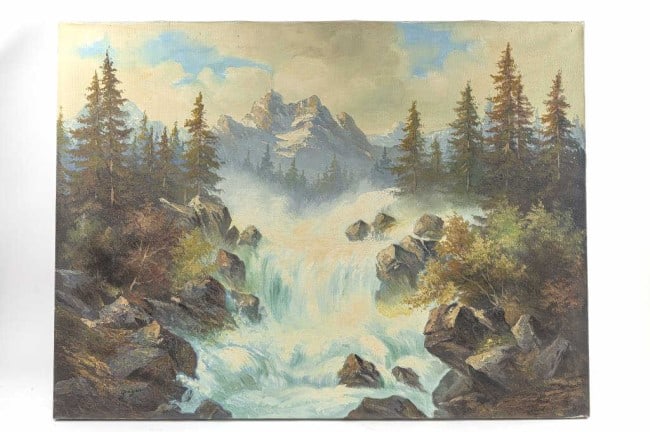 OIL ON CANVAS PAINTING OF WATERFALL BY GREGOR: An oil on canvas painting that depicts a majestic waterfall. Signature on bottom left to read Gregor. H: 24 in. L: 32 in.