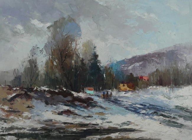 CANADIAN OIL PAINTING ON CANVAS OF LANDSCAPE: Depicts a beautiful winter landscape. Unsigned. H: 23 in. L: 31 in.