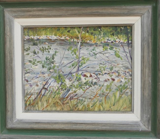 OIL PAINTING ON BOARD OF A RIVERBANK BY LABROSSE: Framed. An oil on board painting that depicts a riverbank. Signature to read LABROSSE on bottom right. H: 13 in. L: 16 in.