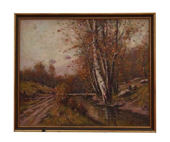 FRAMED OIL ON BROAD PAINTING OF LANDSCAPE: Framed. An oil on board painting that depicts a girl and a few sheep next to a river amongst a fall forest. Signature on bottom right which is illegible. H: 20 in. L: 24 1/8 in.