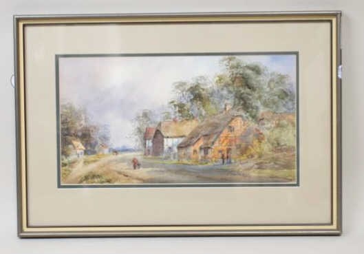 FERNELEY RAMUS (1868 - 1937): Framed. A watercolor painting that depicts a village scene. Signature on bottom right to read F. Ramus, dated 1914. Ferneley Ramus (1868 - 1937) was a prolific painter in both oils and watercolors.
