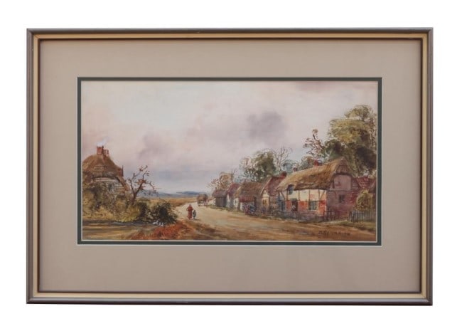 FERNELEY RAMUS (1868 - 1937): Framed, a painting that depicts a village scene. Signature on bottom right to read F. Ramus, 1915. Ferneley Ramus (1868 - 1937), an artist who was a prolific painter in both oils and watercolors. H: