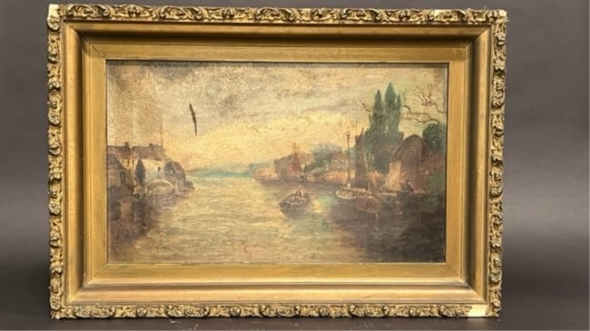 FRAMED PAINTING OF A LOCAL SEAPORT: Dimensions H: 12 1/4 in. L; 20 1/4 in.