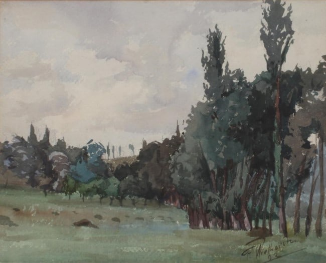 FRAMED LANDSCAPE PAINTING: Framed, a watercolor painting that depicts a grass field with tall trees in the background. Signature to bottom right to read F. Wiolhurshi, dated 22. H: 9 1/2 in. x L: 11 3/4 in.