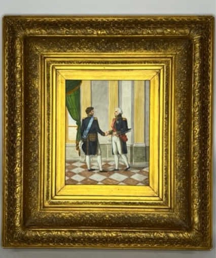 FRAMED PAINTING OF TWO NOBLEMEN IN A HALLWAY: Each of the gentlemen wearing a decorated military uniform. Size: