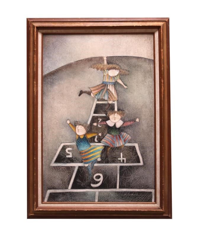 FRAMED OIL PAINTING ON CANVAS OF KIDS PLAYING: Framed, depicts kids playing hopscotch. Signature to read Allen Hadley. H: 36 in. L: 24 in.
