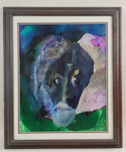 FRAMED ABSTRACT OIL PAINTING BY MARITHE ROY: Framed, an abstract oil painting of a creature. Signed to read Marithe Roy 76. H: 19 1/2 in. L: 16 in.